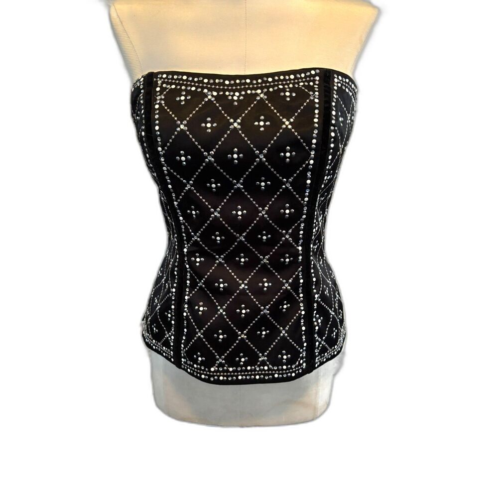 Rhinestone Corset Bustier Top Black Satin Y2K Glam Goth Dark Romantic Statement